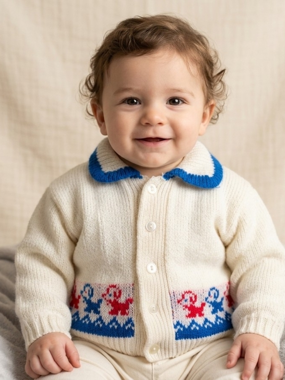 Vintage Baby/Toddler Knit Acrylic Cardigan Sweater Collared Button Novelty Puppy